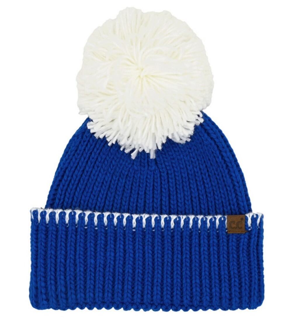 C.C Blue Yarn Pom Game Day Team Stitch Point Beanie Hat